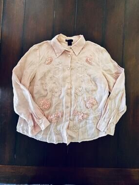 Grace Elements Women’s 1X Pink 100% Linen Blouse Embroidered Floral Button Front